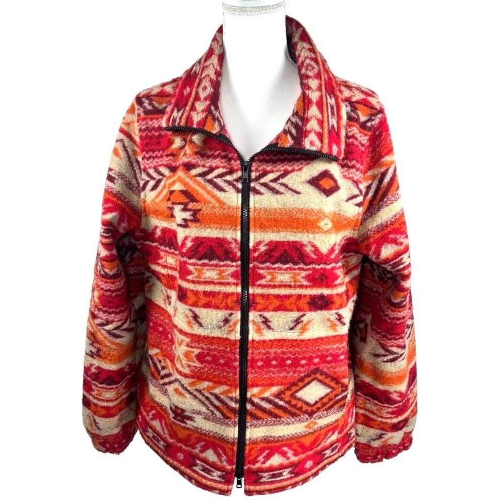 Vintage Fleece Jacket Womens L Southwestern Aztec Full Zip‎ Red Warm Western